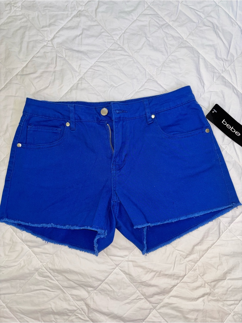 bebe Cobalt Blue Frayed Hem Denim Shorts